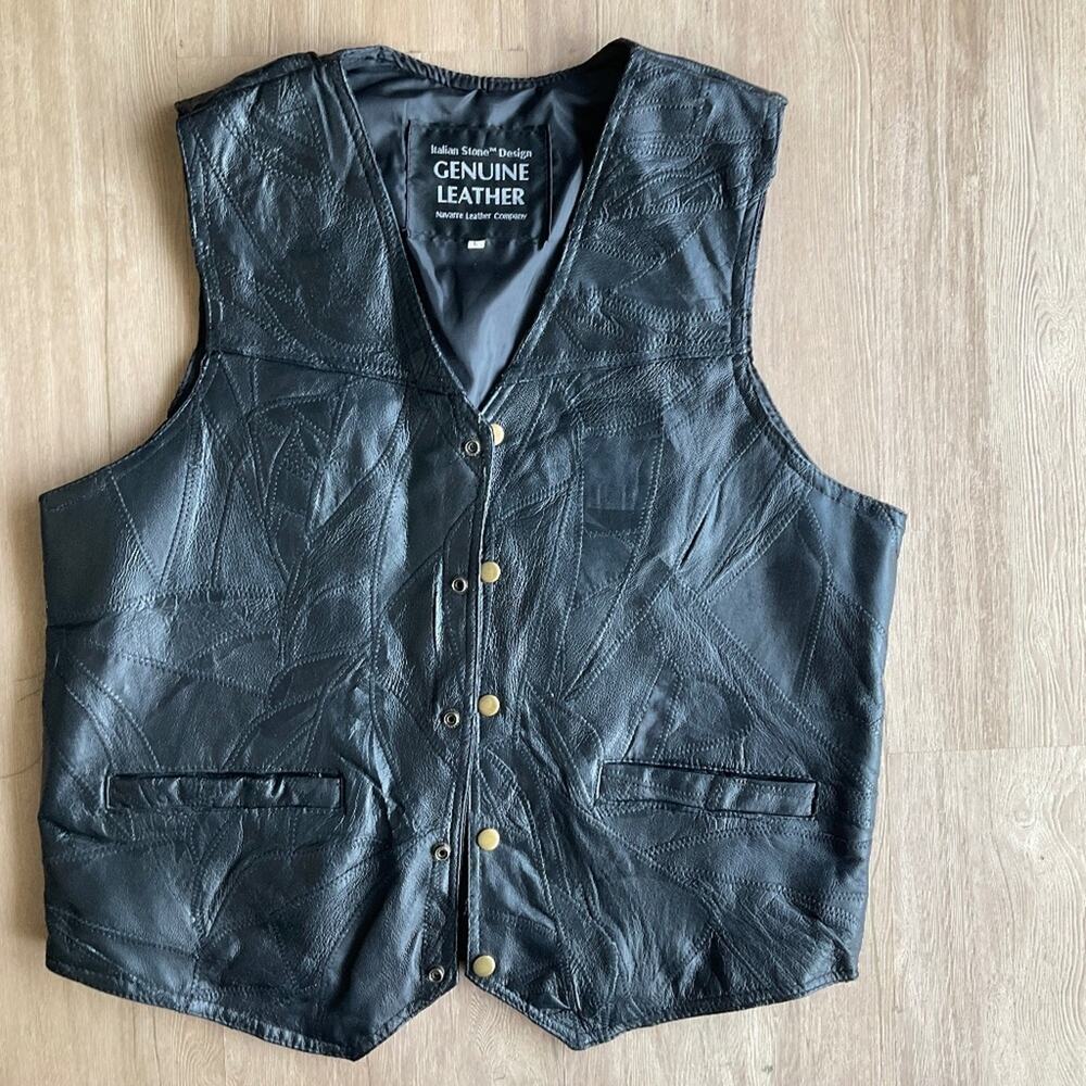 Vintage Navarre Leather Co. black leather vest Patchwork  Italy biker Y2K Moto L